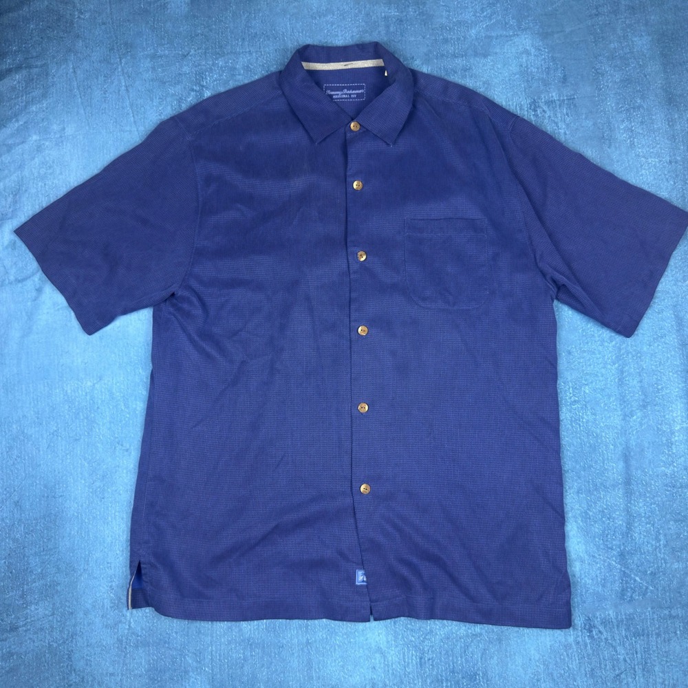 Tommy Bahama Mens Large Blue 100% Silk Short Sleeve Button Up Shirt Original Fit